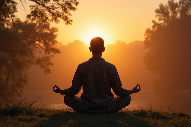 Hombre meditando tranquilamente en un entorno natural al amanecer, con una expresión serena.