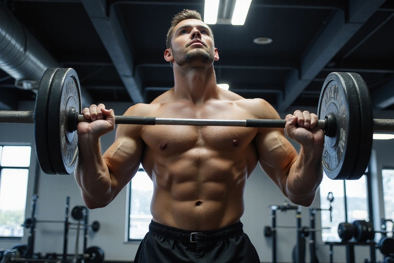 Hombre levantando pesas en un gimnasio moderno, mostrando fuerza y concentración.