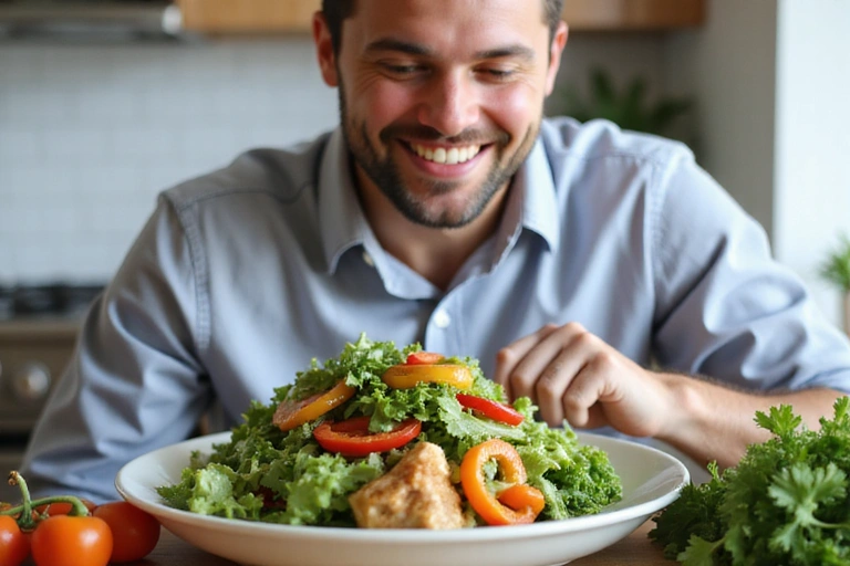 Hombre comiendo una ensalada saludable con vegetales frescos y proteínas magras.