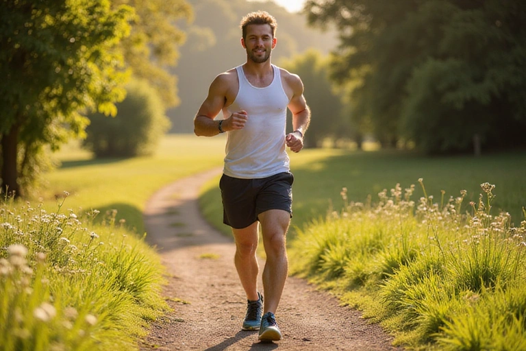 Hombre joven haciendo ejercicio al aire libre, corriendo por un sendero soleado.
