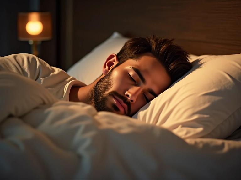 Hombre durmiendo profundamente en una cama cómoda, con una iluminación suave y ambiente relajante.
