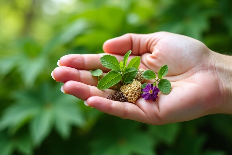 Mano sosteniendo una variedad de hierbas y plantas medicinales, con un enfoque suave en la naturaleza.