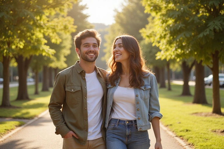 Pareja adulta joven sonriendo y riendo mientras caminan en un parque soleado, con un ambiente de felicidad y conexión.