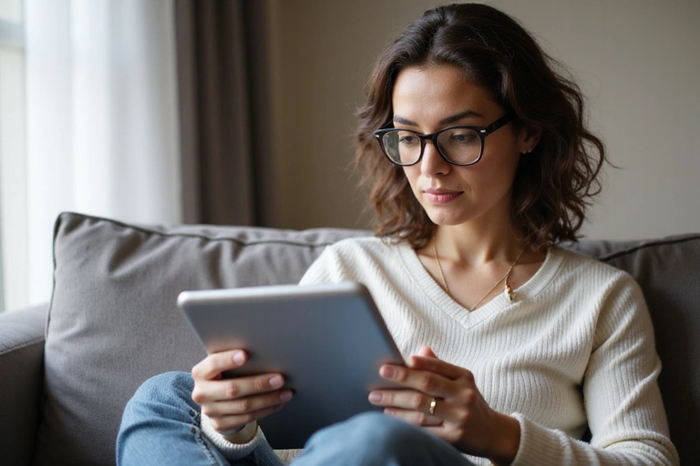 Mujer leyendo información de salud en una tablet