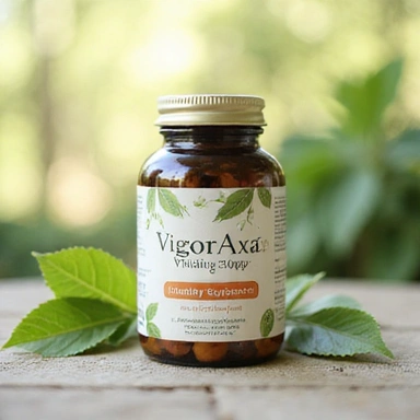 Frasco de VigorAxa Vitality Support con un aspecto calmante y natural.