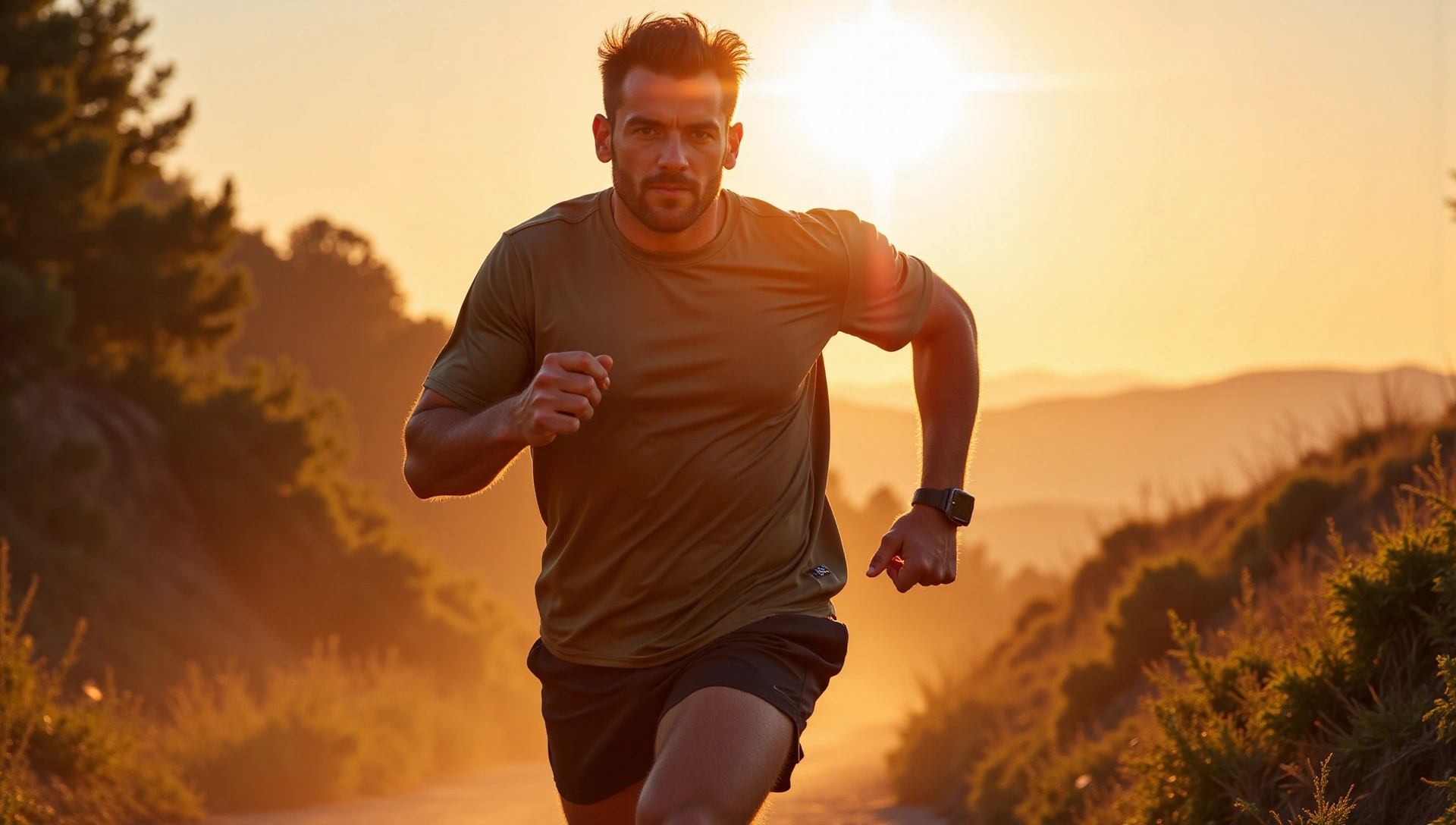 Hombre atlético y vigoroso corriendo al amanecer, simbolizando vitalidad y rendimiento mejorado.