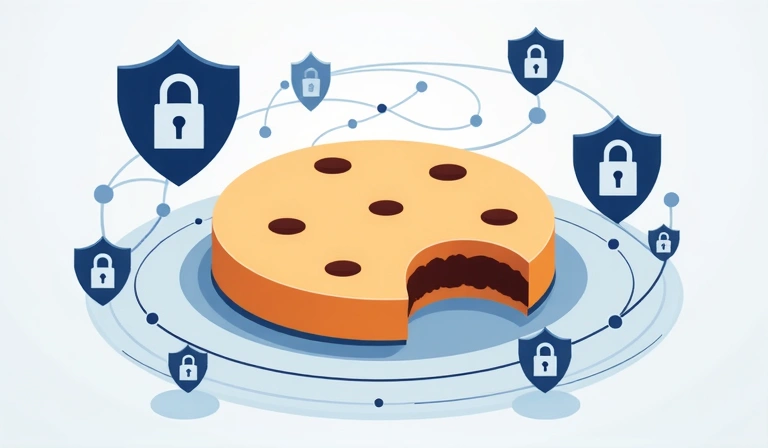Ilustración de una galleta digital representando una cookie en un entorno web seguro.