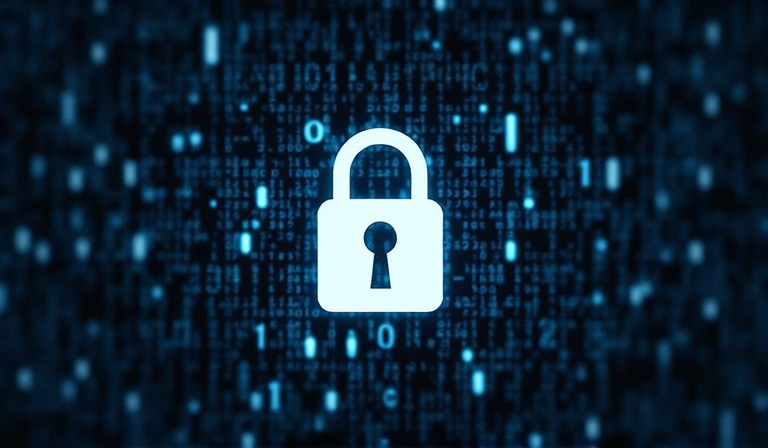 Icono de un candado digital sobre un fondo de datos binarios, simbolizando la seguridad de los datos y el cifrado