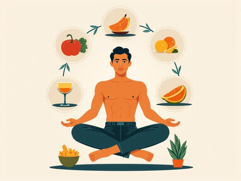 Ilustración de un hombre en equilibrio, rodeado de elementos que representan la nutrición, el ejercicio y el bienestar mental